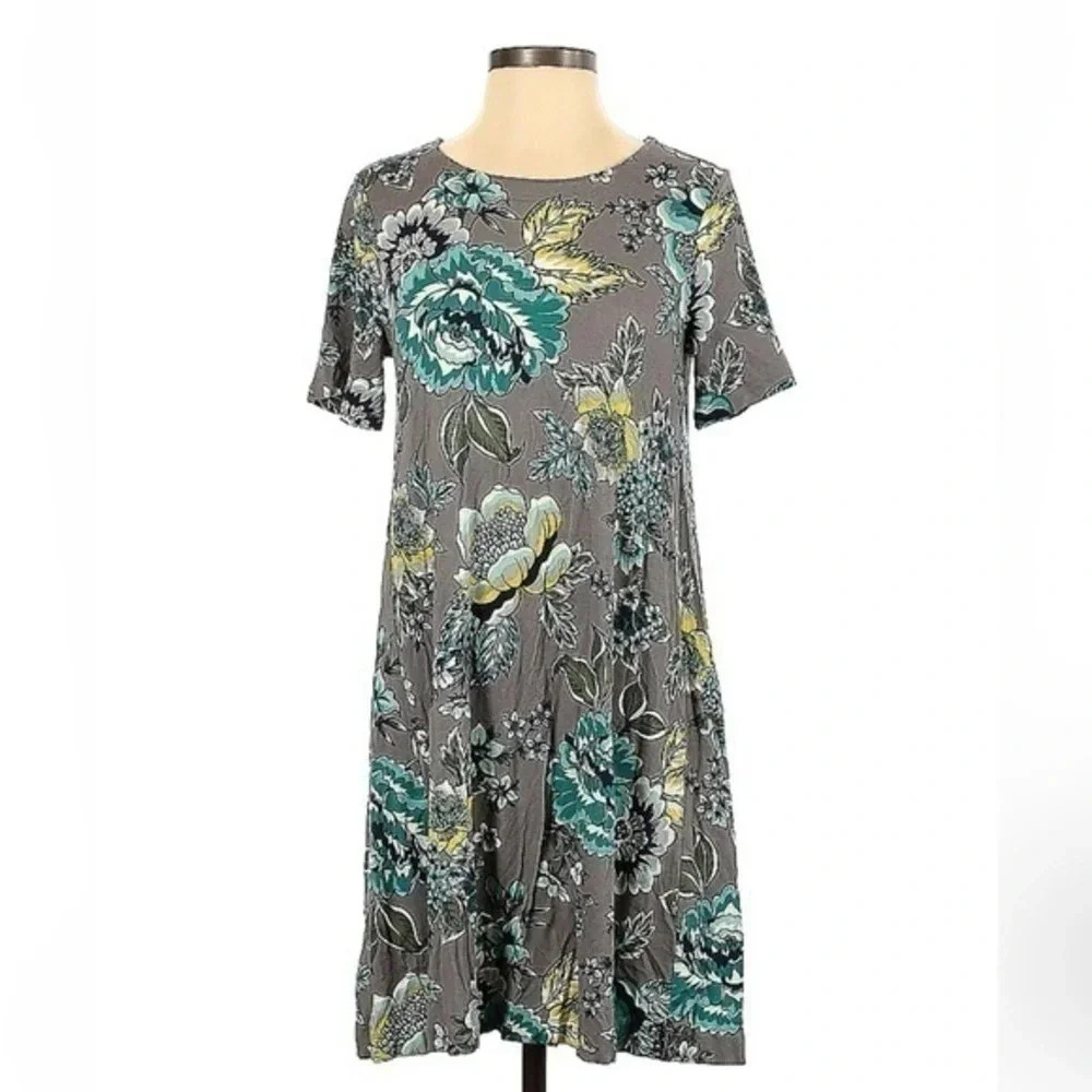 Ann Taylor | LOFT | Grey & Teal Floral Short Sleeve Tunic Dress Size XS